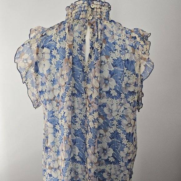 MELLODAY blue BLOUSE top FLORAL lined SMOCKED ruffles BLOUSE - Picture 7 of 12